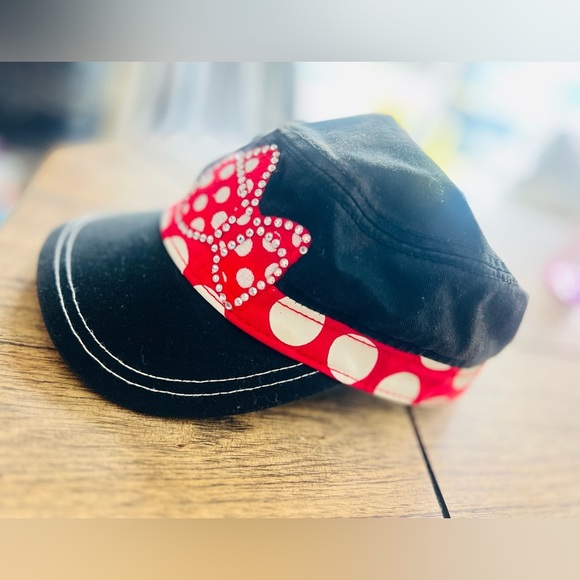 Disney Parks Hat Minnie Mouse Black Red Bow Polka Dot Rhinestones Adult Adjusts - Picture 1 of 9